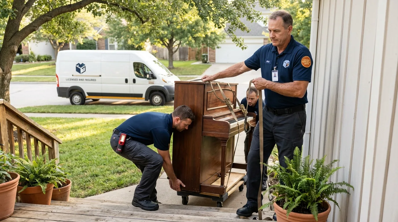 Licensed piano movers securing grand piano in Montrose, CO