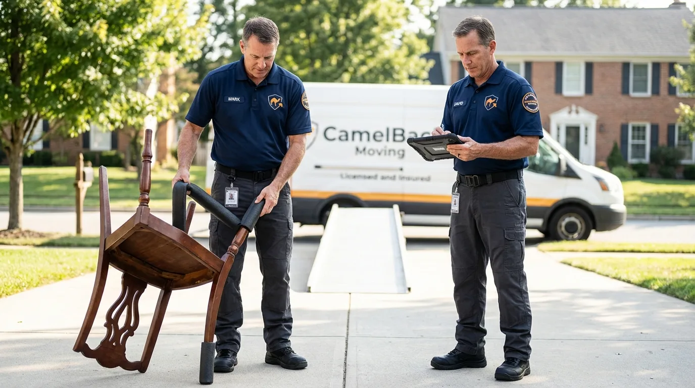Movers inspecting furniture for damage prevention before loading in Montrose, CO