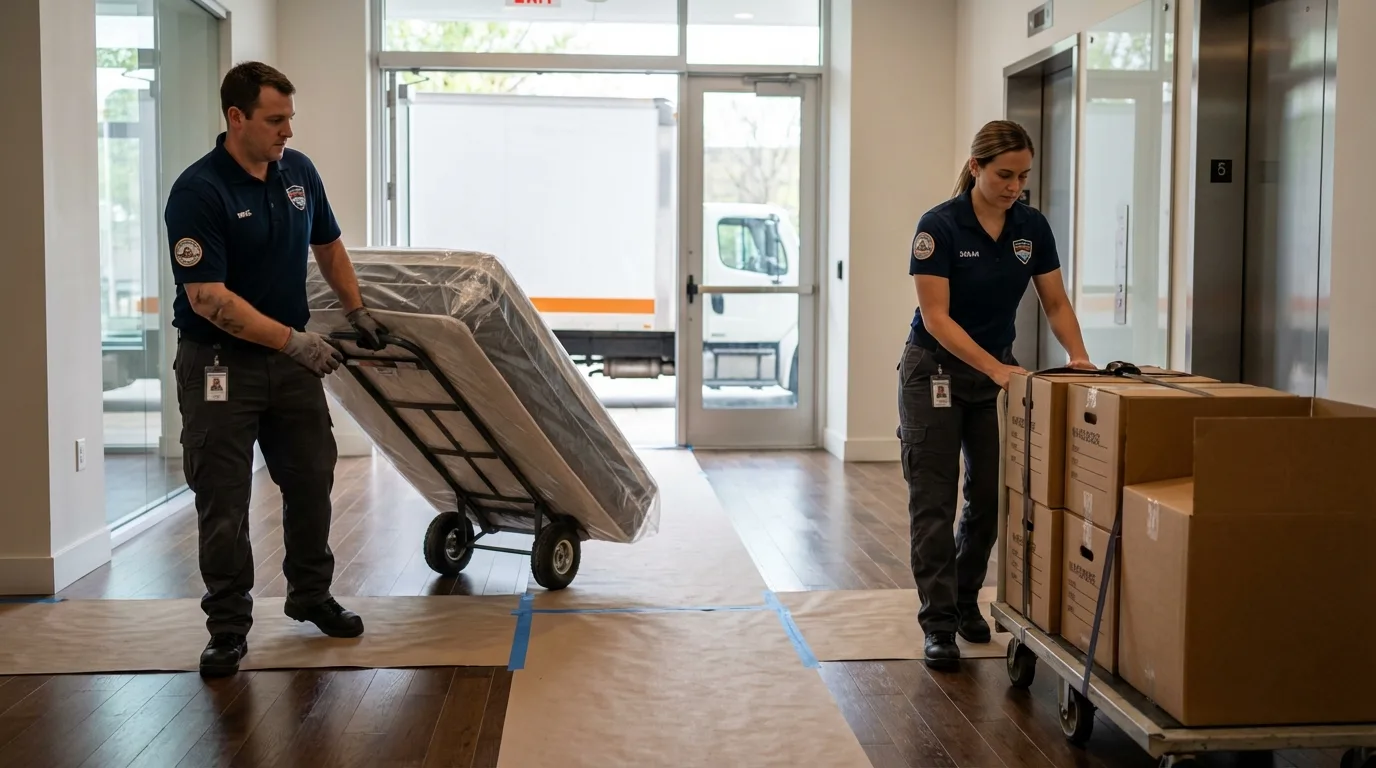 Professional apartment movers loading elevator in Montrose, CO