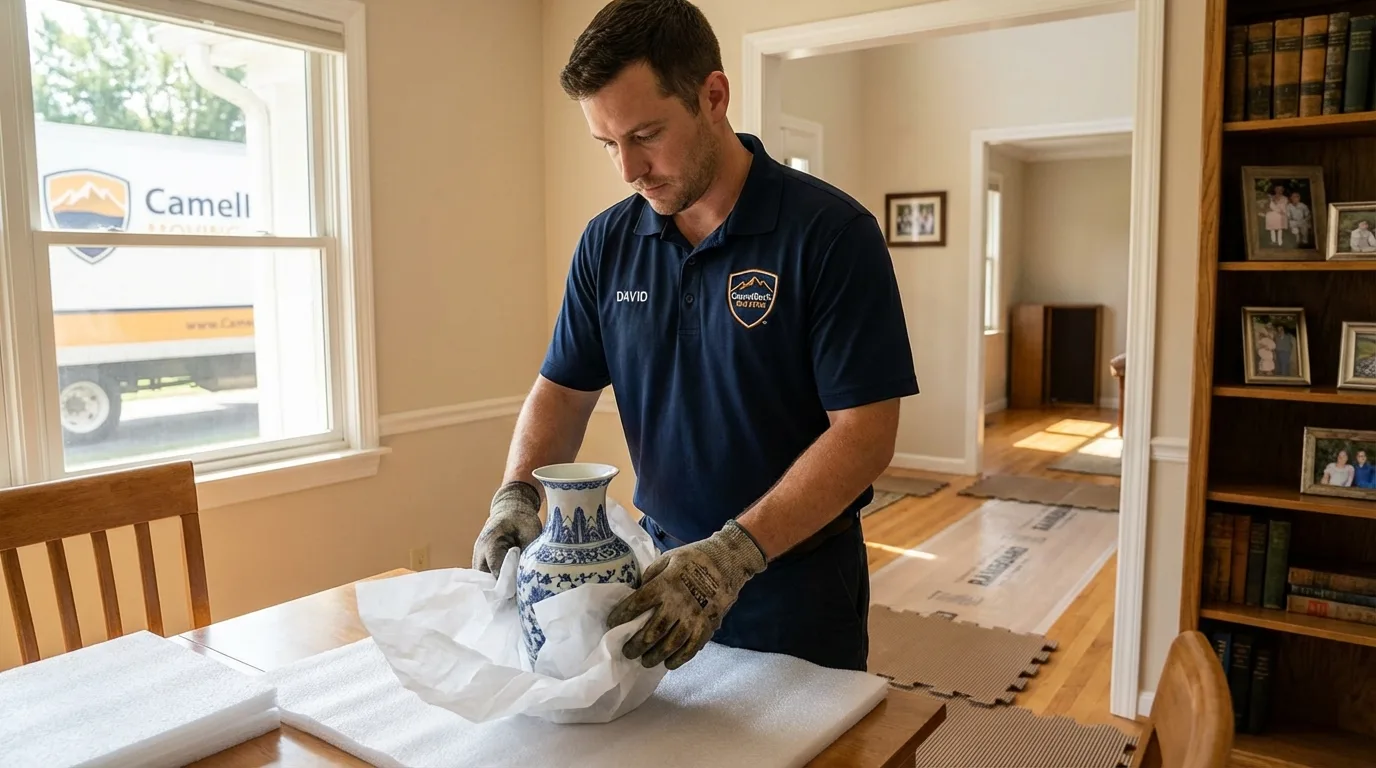 Professional crew carefully wrapping antique vase for senior downsizing move in Montrose, CO